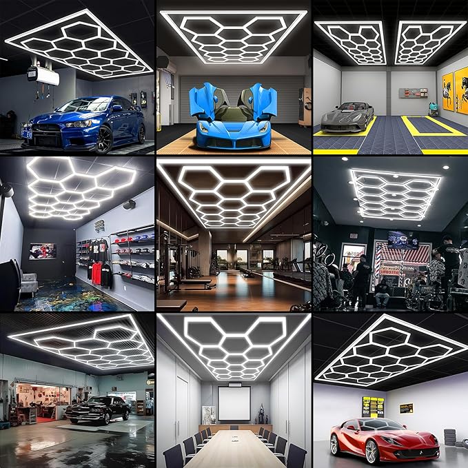 Large Hexagon Garage Lights 14 Hex Led Lights with Rectangle Frame Octagon Honeycomb Commercial Lighting for Garage Car Detailing Barber Shop Gym Warehouses Basement.