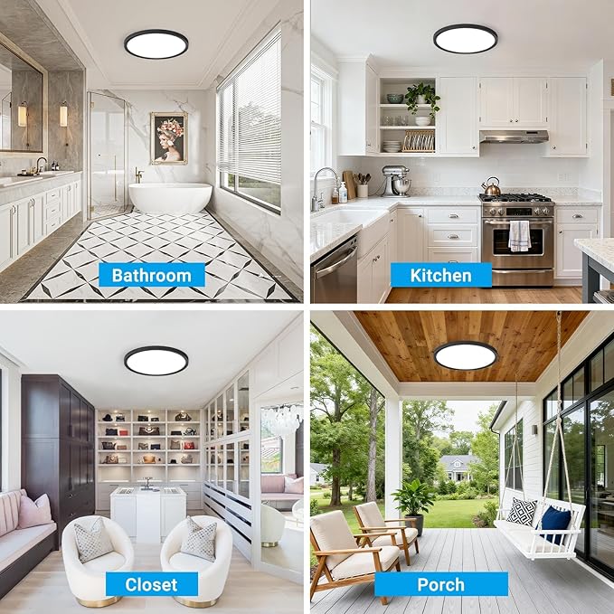 2 Pack LED Flush Mount Ceiling Light,12Inch 24W,3000K/3500K/4000K/5000K/6500K 5 Color Temperatures Ceiling Light Fixture for Kitchen Porch Hallway Bedroom Bathroom and Closet,Black