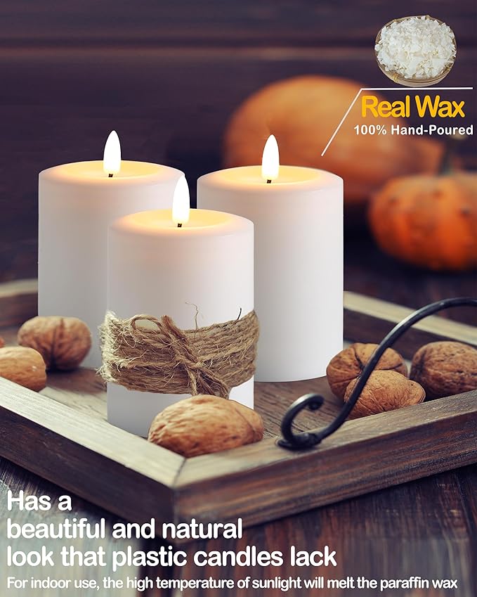 3"x4" Flickering Flameless Candles with Remote Timer, Real Wax, White Pillar Candles, Set of 3 Fake LED Battery Operated Candles for Home, Fireplace, Centerpiece, Rustic and Farmhouse Decor