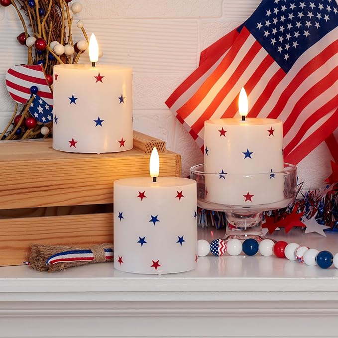 4th of July Flameless Pillar Candles with Red White and Blue Star Stickers, Battery Operated LED Pillar Candles with Remote and Timer, Real Wax Patriotic Candle Set of 3