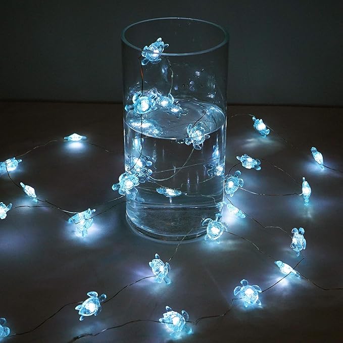 Decorman Sea Turtle Decorative String Lights, 14ft 40 LED 8 Modes Cool White Weatherproof Battery Operated Ocean Theme Lights for Bedrooms Parties Weddings Gardens with Remote and Timer