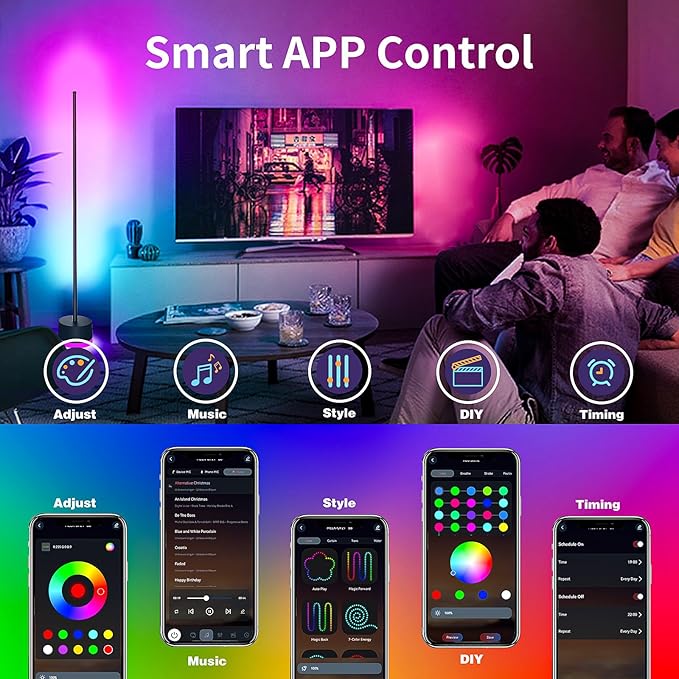 KSIPZE Led Floor Lamp, RGB+IC Corner Floor Lamps with Remote, Button, APP Control 16 Million Colors, 200+ Scenes, Music Sync, DIY Smart Led Corner Lamp for Bedroom
