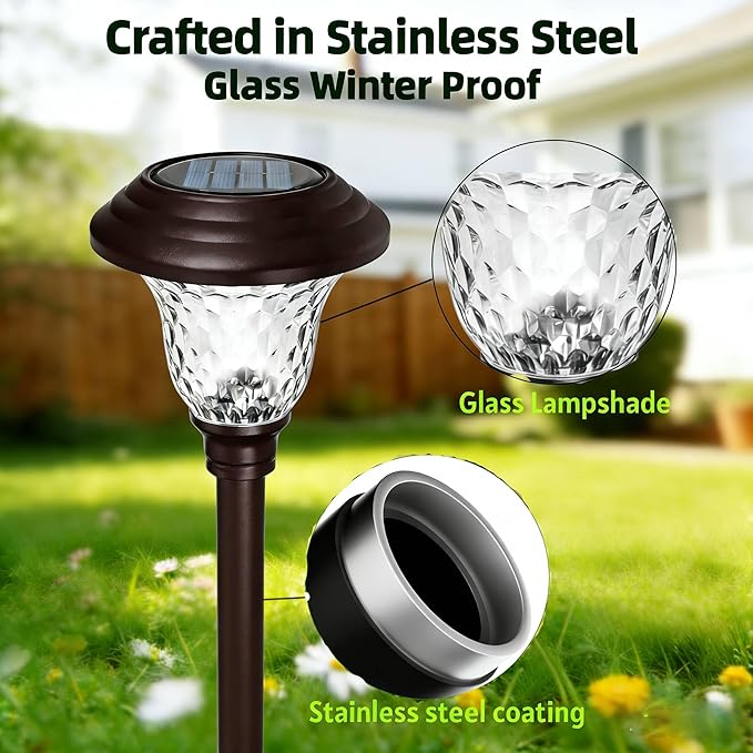Beau Jardin 8 Pack Solar Pathway Lights White+Color Changing Stainless Steel 3 Mode Outdoor Multicolor Metal Solar Powered Waterproof Glass for Garden Landscape Path Yard Walkway Driveway Black