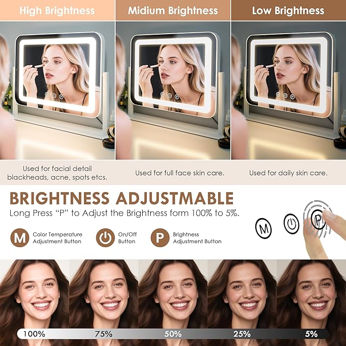 Lighted Makeup Mirror,18" x 14" Led Vanity Mirror with with 3 Color Modes & Adjustable Brightness,Smart Touch Control,360 Degree Rotation,for Dressing Room & Bedroom,AC-Powered, Metal Frame Design