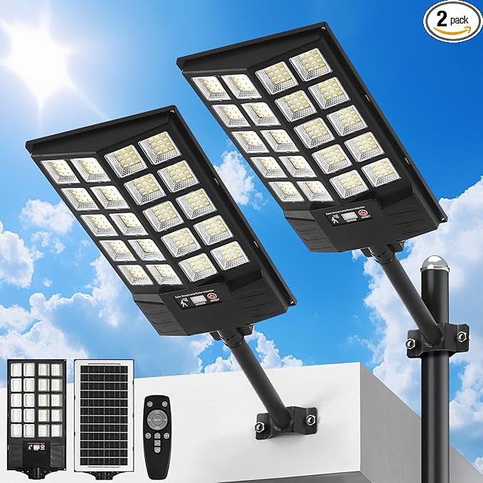 Solar Street Lights Outdoor, Waterproof Motion Sensor Flood Light with Remote, Dusk to Dawn Security Lighting for Yard, Garden, Pathway, Parking Lot (2 Pack)