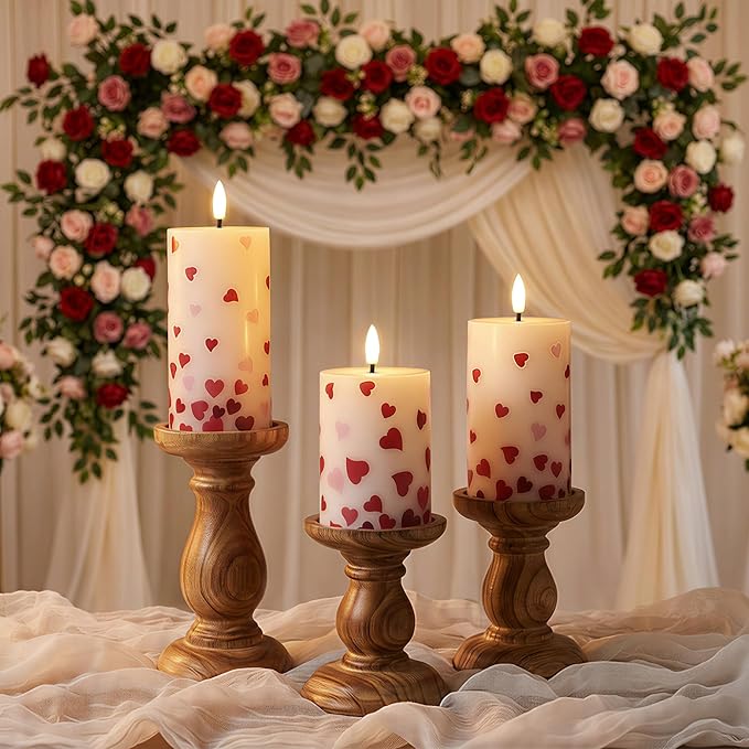 Flameless Pillar Candles with Remote, 3 Pack Battery Operated Real Wax LED Candles, Perfect for Home Decorations Fireplace Table, Heart Sticker