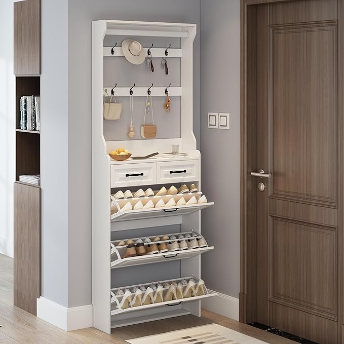 Betoko Hall Tree with Shoes Storage,Farmhouse Entryway Coat Rack Wooden Mudroom Hallway Tree Bench Corner Tree Cabinet with 8 Coat Hooks and 3 Shoes Cabinets and 2 Drawers(White)