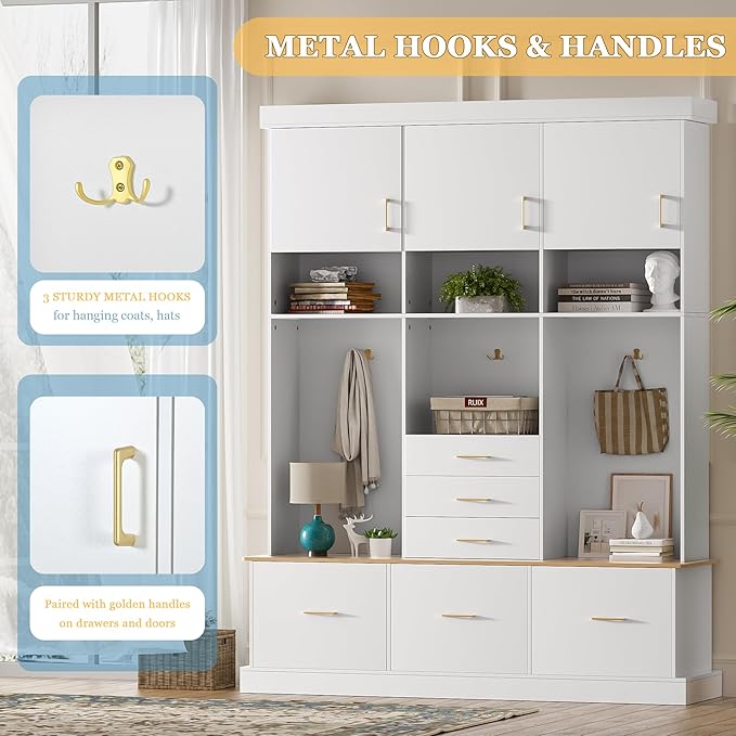 Amposei Hall Tree with Storage Bench & Coat Rack 58’’W Modern Tall Entryway Oranizer Cabinet with 6 Drawers, 3 Metal Hooks for Living Room Hallway Mudroom, White