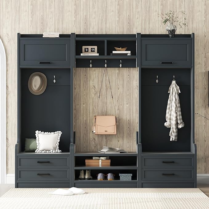 Bellemave Wide Hall Tree with Storage Bench, Wood Coat Rack with Cabinet and 7 Hooks, Mudroom Organizer with Shoes Storage Cubbies for Entryway Hallway (Dark Blue, 78" W)