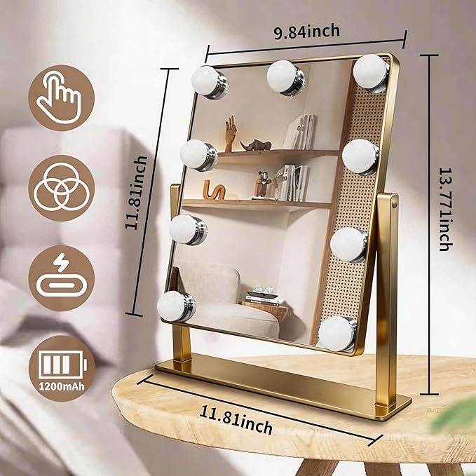 Makeup Vanity Mirror with Lights 13.77"x 11.81" LED Makeup Mirror Detachable 10X Magnification, Hollywood Make Up Mirror with Lighting, Smart Touch, Rechargeable,360° Rotation, (Gold)
