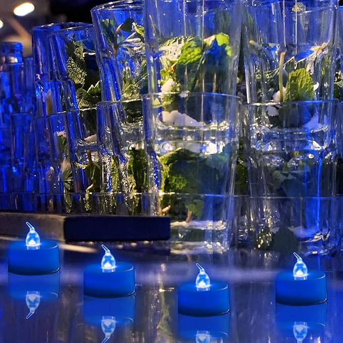 Tea Lights Flameless Battery Operated Candles-50PACK LED Flickering Votive Candle Long Lasting 200 Hours, Realistic and Bright for Seasonal Festive Celebrations Decoration Blue