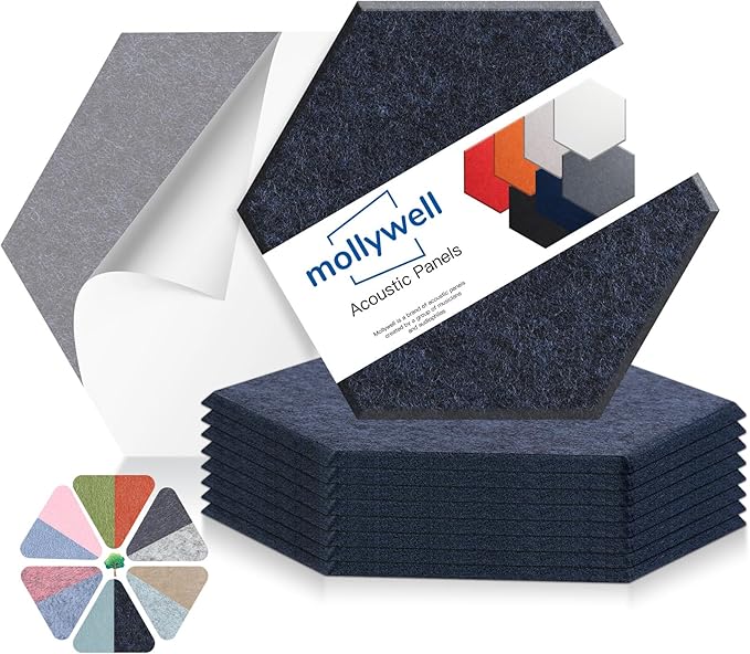 Mollywell Hexagon Acoustic Panels 14x12 - Reduce Echo & Reverb, Noise Blocking Wall Tiles for Study & Library, Ink Blue Sound Absorbing Panels