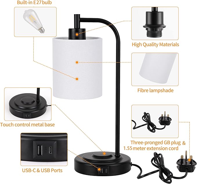 Industrial Style Touch Control Table Lamp - Dual USB A+C Ports Charging Bedside Light, Adjustable Brightness Metal Base Lamp for Bedroom, Office, Living Room Nightstand (Fabric lampshade)