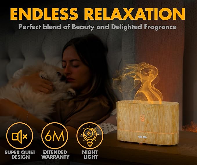 Colorful Aroma Essential Oil Diffuser for Home, Quiet Cool Mist Flame Humidifier for Bedroom with Remote, Fire Flame Diffuser Humidifier with Scent (Light Wood)