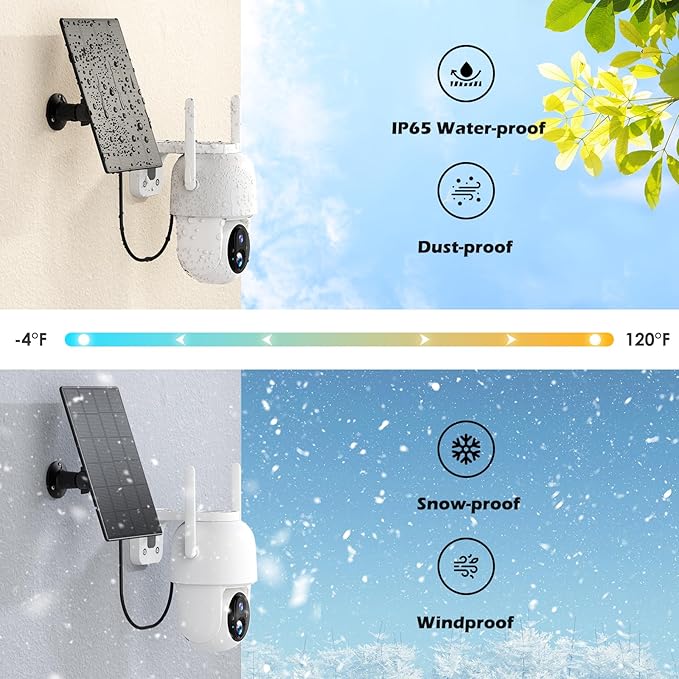 2Packs Solar Security Outdoor WiFi Camera, Pan Tilt 355° View IP65 Waterproof Rechargeable Wireless Battery Powered 2K 3MP PTZ Camera with PIR, Color Night Vision,2-Way Talk, 4dbi Antenna