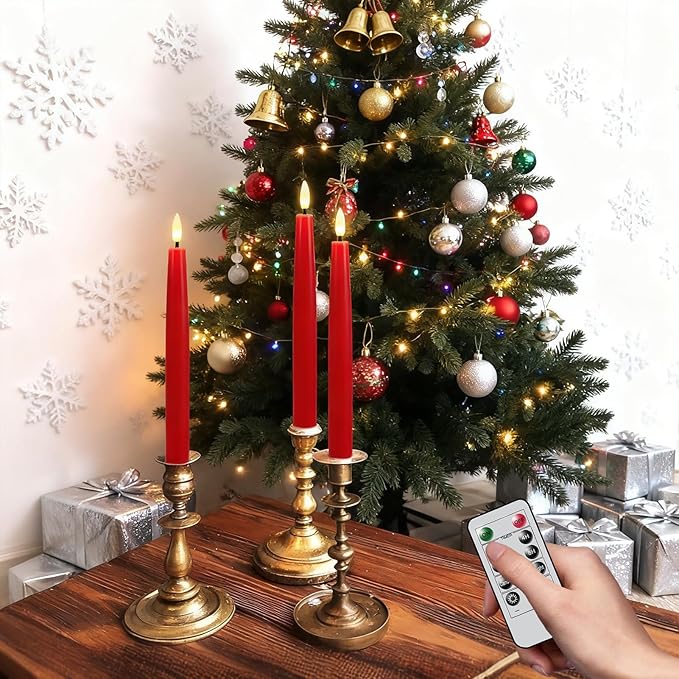 GenSwin Flameless Taper Candles, Set of 3 Red LED Taper Candles Battery Operated with Remote Timer, Real Wax Flameless Candlesticks with 3D Flame for Home Wedding Party Holiday Decor (0.78” x 9.65”)