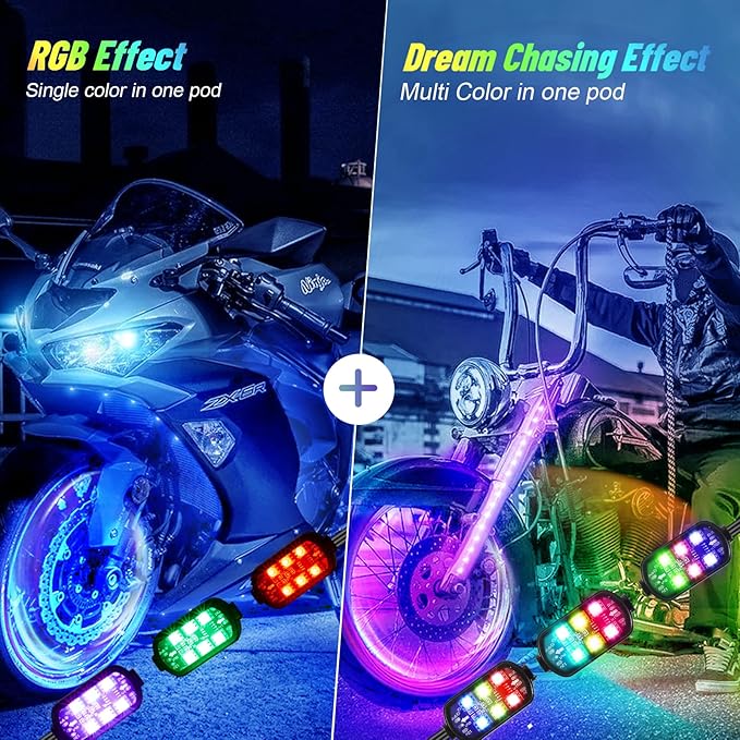 16 Pcs RGB Chasing Motorcycle LED Lights Kit for Harley Davidson Kawasaki Suzuki, Waterproof Magic Multicolor Motorcycle Underglow Kit Strip Lights with APP Control Music Sync Brake Turn Signal