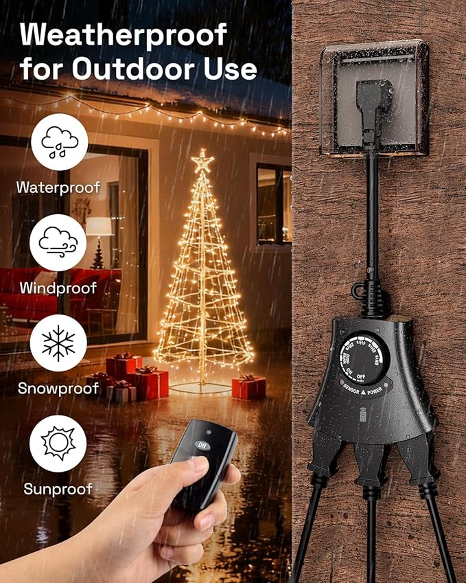 HBN Outdoor Light Timer with Remote Control, Waterproof Light Sensor Timer, 100 ft Wireless Range, 2 Grounded Outlets for Christmas Lights, 15A 1/2HP Heavy Duty