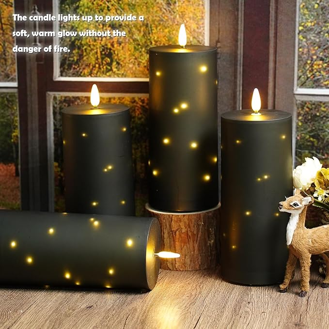 10" x 4" Large Outdoor Waterproof Flickering Flameless Candles with Timer,4Pcs Battery Operated LED Pillar Candles with Embedded Star String for Outdoor Lanterns,Porch,Patio Decor(Black)