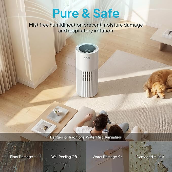 8L Evaporative Humidifier for Large Rooms up to 1000 ft²- Baby Elderly& Pet Safe Cool Evaporation, 900ml/h Output, UV Disinfection, Easy Top Fill,UltraQuiet 28dB, Smart AI Humidity Control Upgraded