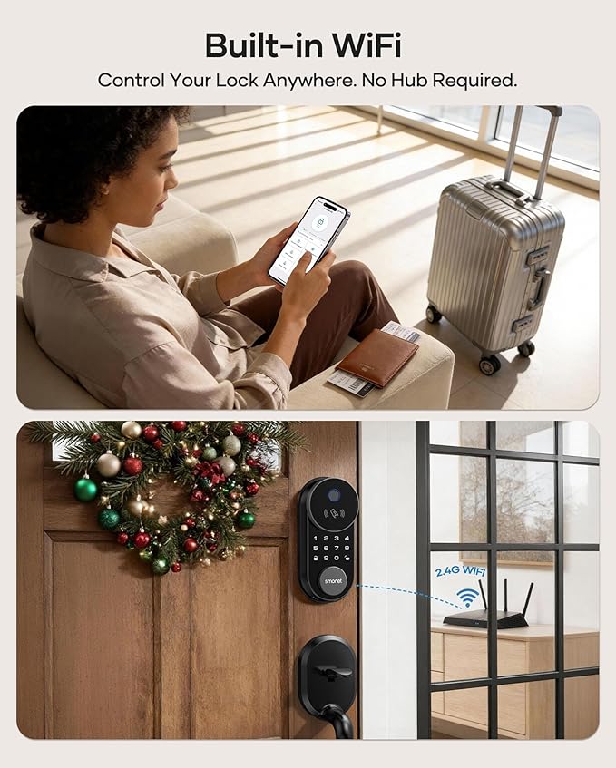 Smart Lock AH1, SMONET Fingerprint Keyless Entry Door Lock with Apple Home Key, WiFi Front Door Deadbolt Touchscreen Keypad with App Remote Control Supports Apple HomeKit, Alexa, Google Assistant