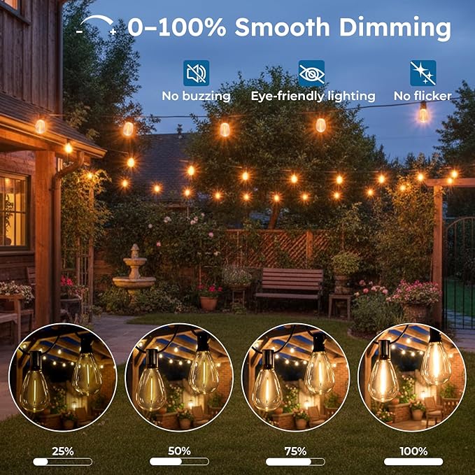 200FT S11 LED Outdoor String Lights with App & Remote, Low-Voltage Patio Lights with Music Sync, 4 Lighting Modes, Dimmable, Waterproof LED Outdoor Lights for Backyard, Porch, Deck, Garden