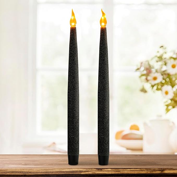 FURORA LIGHTING Black Glittery LED Taper Candles Pack of 2, Flameless Flickering Taper Candles with Timer for Home Décor Holiday Décor, Battery Operated