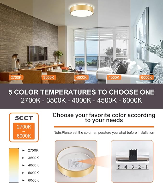 Dimmable Gold LED Ceiling Light Fixture, 5CCT 2700 K-6000 K Modern Flush Mount Ceiling Light, Round Minimalist Lighting Fixture for Bedroom, Kitchen, Laundry Room, Living Room, 15.74 Inch