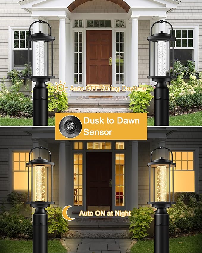 Dusk to Dawn Outdoor Post Lights, LED Waterproof Lamp Post Light Fixture with Crystal Glass, Aluminum Lamp Posts Outdoor Lighting Pole Lantern for Outside Yard Patio Pathway Garden, Hard Wired