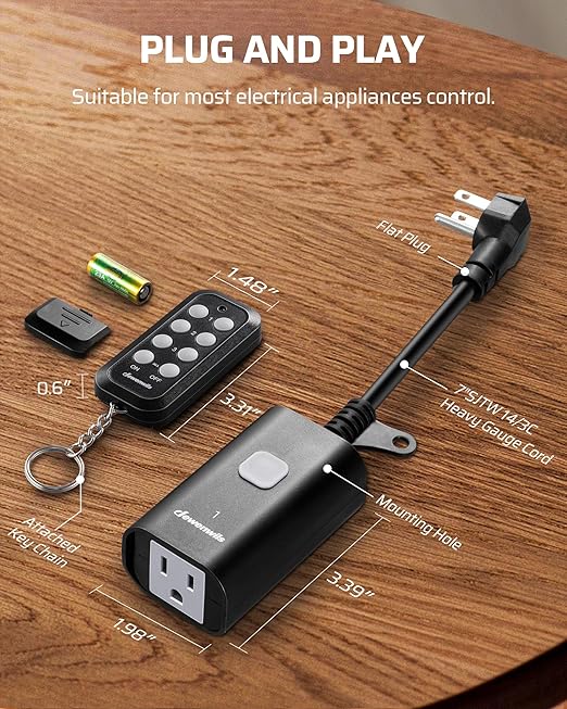 DEWENWILS Outdoor Remote Control Outlet, Weatherproof Heavy Duty 15A Wireless Remote Control Switch, 100FT Control Range, 2 Remotes & 3 Outlets (Battery Included)