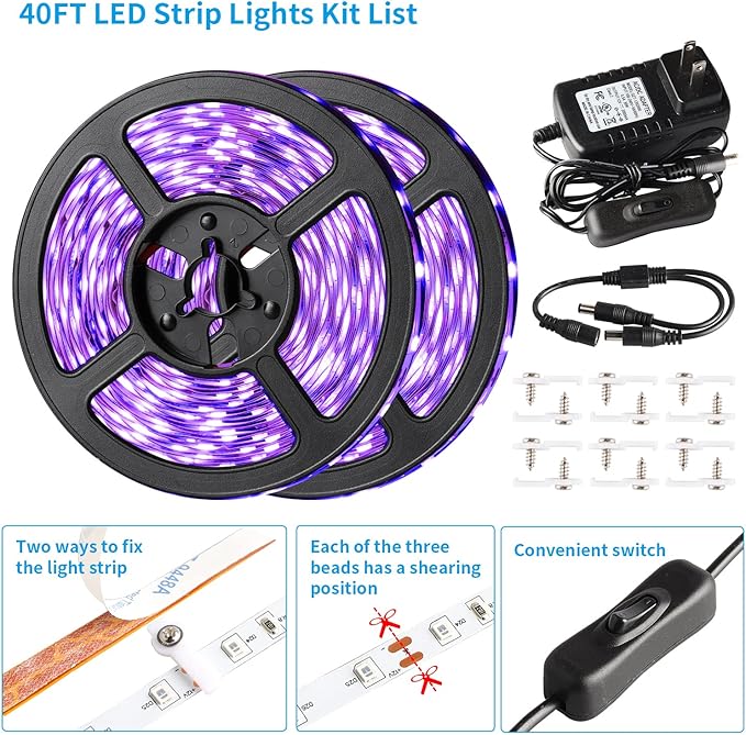 40FT Black Light Strip, Blacklight Flexible & Adhesive 720 LEDs, Black Light for Halloween, Neon Party, Birthday, Display Uranium Vaseline Glass, Posters, Curing Resin, Non-Waterproof Decor
