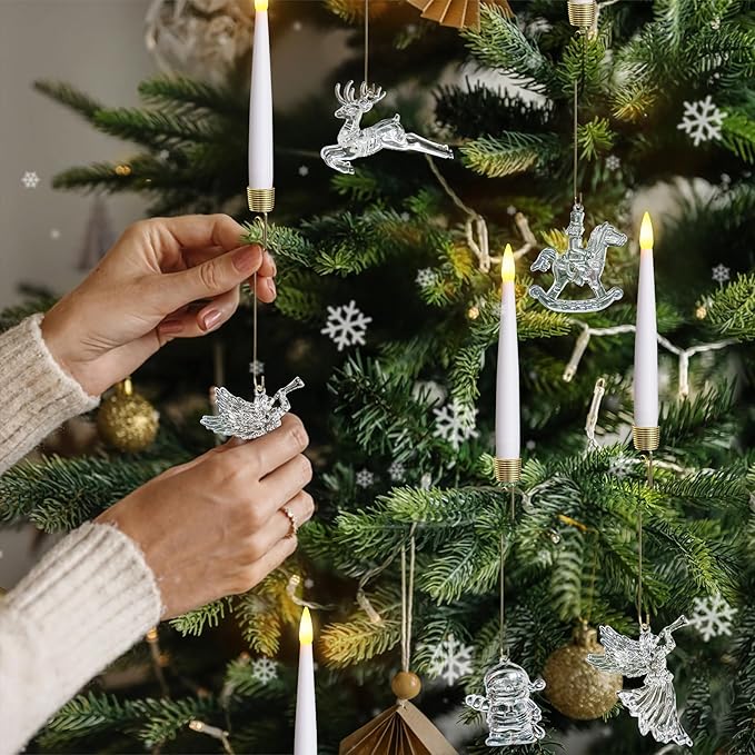 Pack of 12 Flickering Remote 0.5" x6" LED Short Taper Candles with Snowman Reindeer Fairy Hooks, Battery Operated Timer Window White Plastic Flameless Candlesticks for Holiday Decor