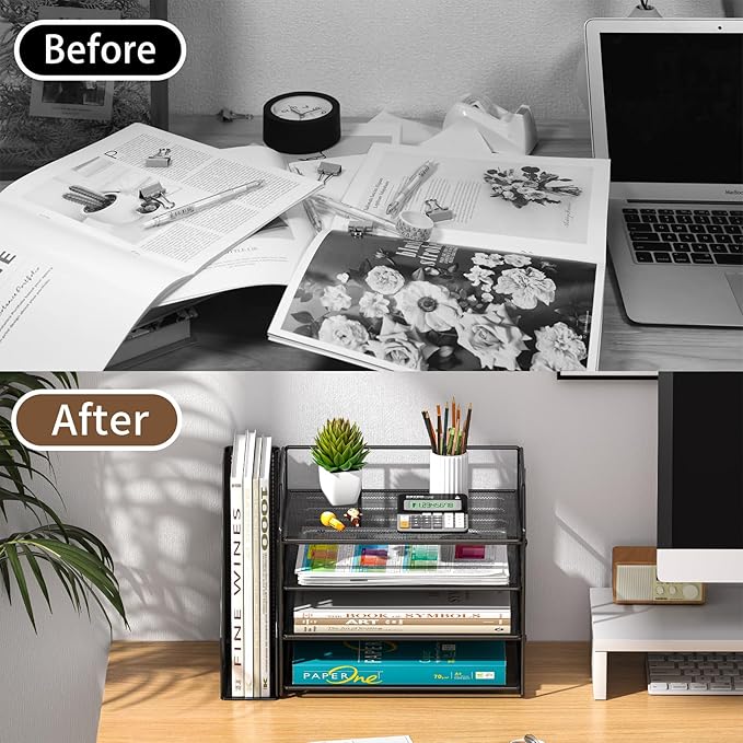 Metal Desk Organizers and Accessories with File Holder – Aesthetic Black Desk Accessories for Women Office Setup – Decorative Desk Set with Magazine Rack – Office Decor for Teen Girls