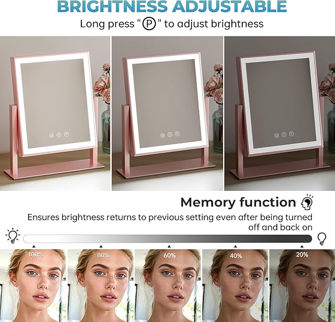 LED Lighted Vanity Mirror 11.81"x13.38" - Sensitive Smart Touch, 3 Dimmable Modes, 360° Smooth Rotation Desk Makeup Mirror Pink