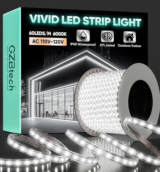GZBtech AC 110-120V LED Strip Lighting 132FT/40M, 6000K Cool White IP65 Waterproof Outdoor Strip Lights, 60LEDs/M SMD2835 Cuttable & Connectable LED Rope Light for Indoor Outside Exterior, ETL Listed