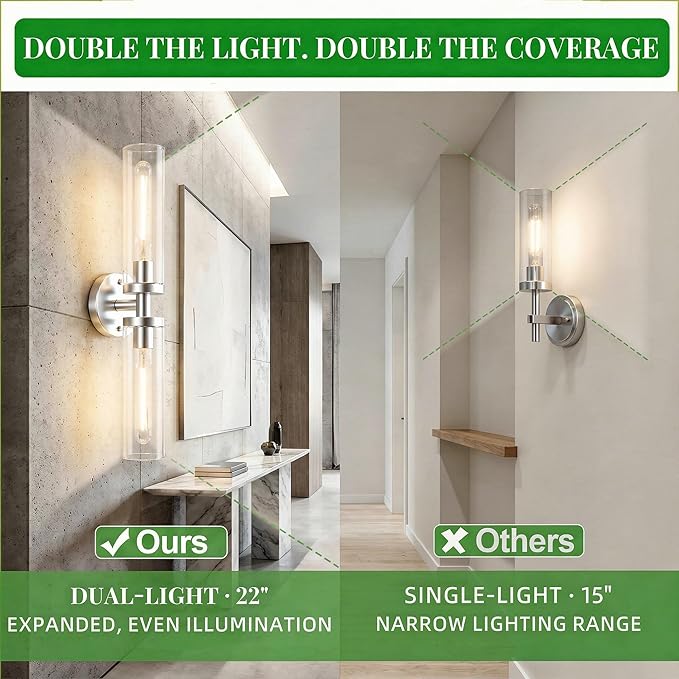 Wall Sconces 2-Pack, Hardwired Bathroom Light Fixtures, Modern Farmhouse Vanity Wall Lighting with Clear Glass Shades, E26 Base Wall Sconce Wall Lights for Bathroom Wall Decor, Brushed Nickel