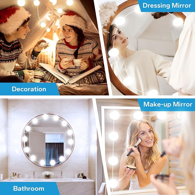 LED Vanity Lights For Mirror with 14 Dimmable Bulbs, Vanity Lights Stick on, 3000K 4000K 6500K & 10 Level Brightness Adjustable, USB Cable, Hollywood Mirror Lights for Makeup Dressing Room Bathroom