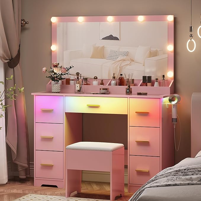 44" Vanity Desk with 38" Large Mirror and 9 LED Lights & Glass Top and Power Outlet, Makeup Vanity Set with 7 Drawers & Chair and RGB Ambient Light, Dressing Table for Bedroom, Modern Pink
