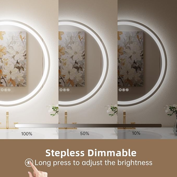 LOVESPEJO 36" Round LED Bathroom Mirror with Lights, Circle LED Mirror for Bathroom, Fogless, Dimmable, 3 Color Changing, IP54, Shatter-Proof