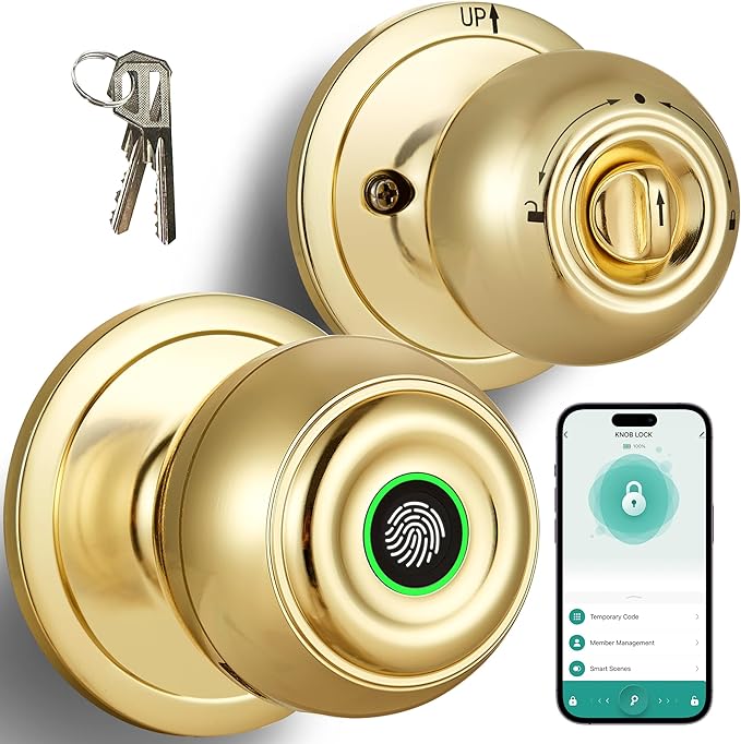 Fingerprint Door Lock, Smart Fingerprint Door Knob with Lock, Biometric Door knob with App Control & Key, Keyless Entry Door Locks for Bedrooms, Front Door, Home, Apartment Office-Polished Brass