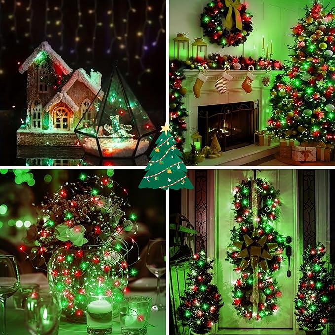 4Pack 80FT 240LED Fairy Lights Battery Operated with Remote & Timer 8 Modes Twinkle String Lights Battery Powered Indoor Outdoor Waterproof for Bedroom Wedding Classroom Christmas Décor, Red & Green