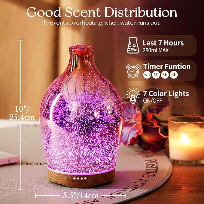 Porseme 280ml Essential Oil Diffuser 3D Glass Aromatherapy Ultrasonic Humidifier - Auto Shut-Off, Timer Setting, BPA Free for Home Hotel Yoga Leisure SPA Gift(Rose Gold)