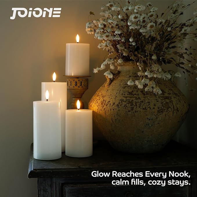Battery Operated Candles with Remote, LED Flameless Real Wax Pillar Candles Set of 4, Timer Function, Safe Home Décor for Living Room, Bedroom, and Dining Table, White
