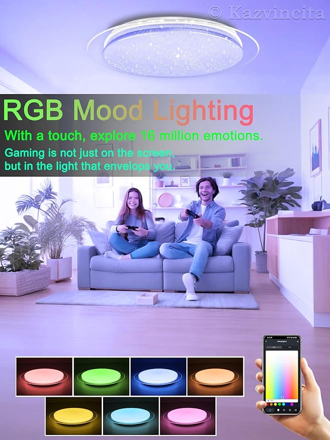 Dimmable Round LED Ceiling Light Flush Mount 15 Inch 40W Built-in Bluetooth Speaker Modern Lighting Fixtures RGB Ambient Ceiling Lamp Suitable for Bedrooms Kitchen Kids' Rooms and More