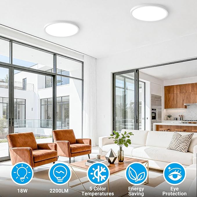2 Pack LED Flush Mount Ceiling Light,9Inch 18W,3000K/3500K/4000K/5000K/6500K 5 Color Temperatures Ceiling Light Fixture for Kitchen Porch Hallway Bedroom Bathroom and Closet,White