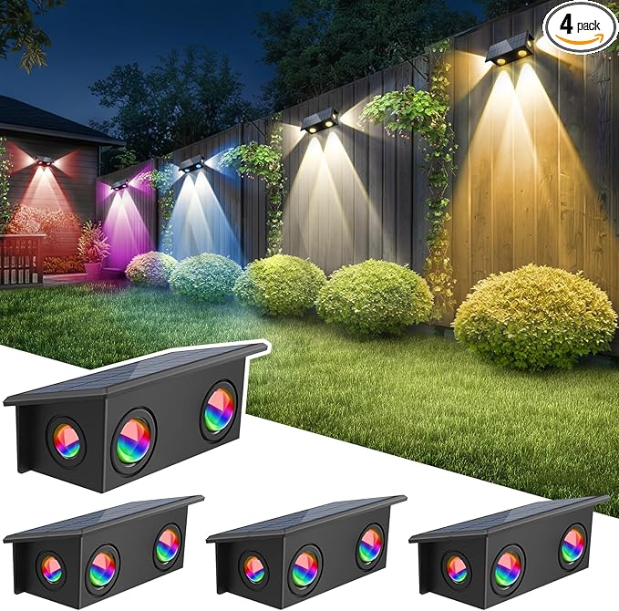 T-SUN Solar Fence Lights Outdoor, 4 Pack Waterproof Fence Lights Solar Powered 8 Mode RGB & Warm White＆Color Changing Dusk to Dawn Wall Lights for Yard Patio Step Deck Railing Pool