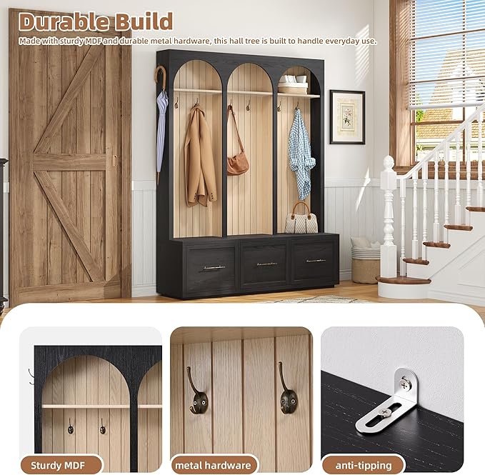 Merax Farmhouse Wood Hall Tree with 8 Hooks and Shoe Bench, Mudroom Versatile Coat Racks with 3 Drawers, Entrance Organizer for Hallway Black