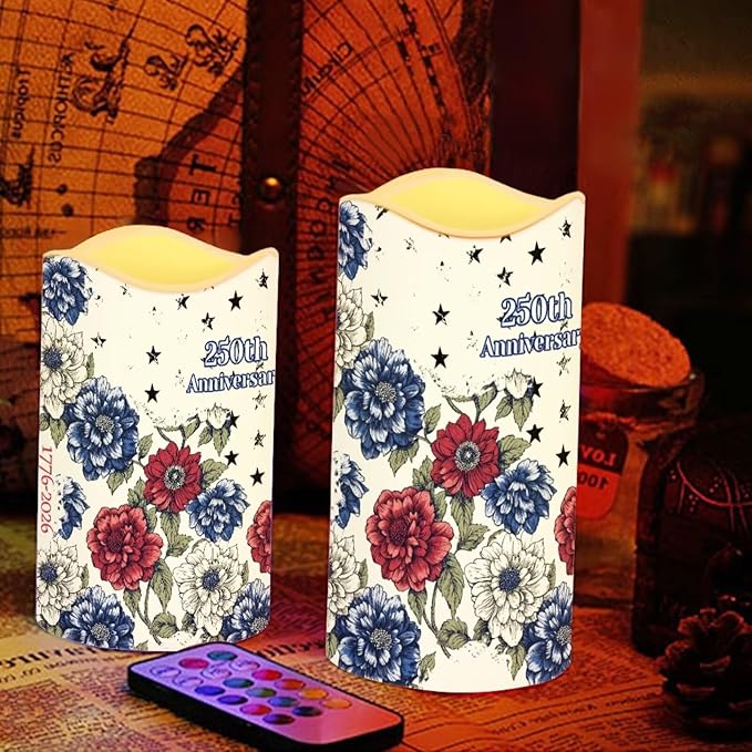 250th National Independence Day Battery Operated Candles Floral Print Fake Candle Remote Control 1776-2026 Flameless Candles Patriotic Decorations for Home, 4 Pack