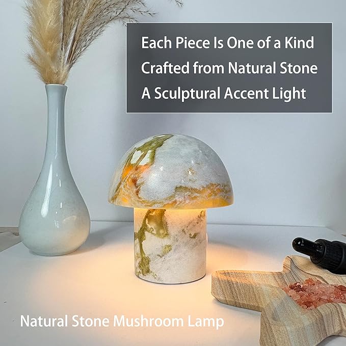 Natural Stone Mushroom Lamp, Marble LED Rechargeable Night Light with Touch Dimming, 3-Level Brightness Small Table Lamp for Bedside Ambient Home Decor, Hand-Polished Stone Decor Light
