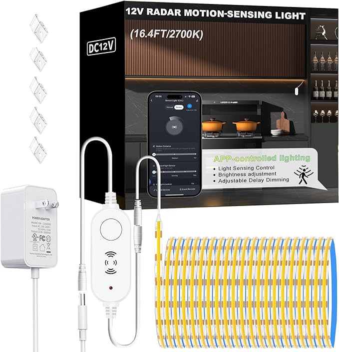 Warm White 2700K Smart COB LED Strip Light 16.4ft with Radar Motion Sensor, WiFi APP Control Dimmable Flexible LED Tape Light Timed for Google Home Alexa for Cabinets,Home&Office DIY Lighting